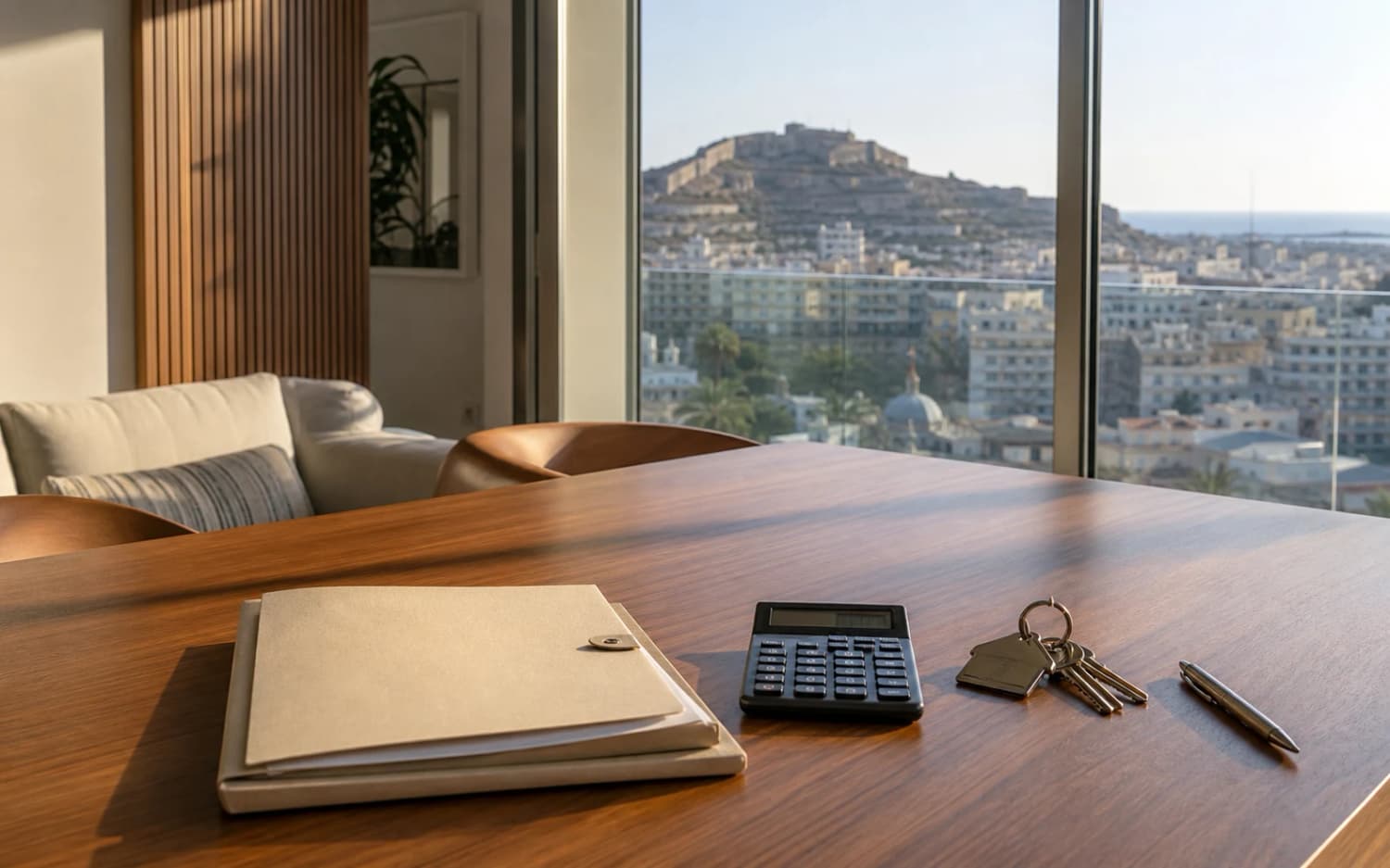 Documentación de venta, calculadora y llaves frente a la ciudad de Alicante