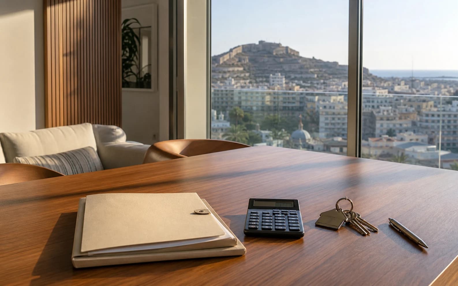 Documentación de venta, calculadora y llaves frente a la ciudad de Alicante