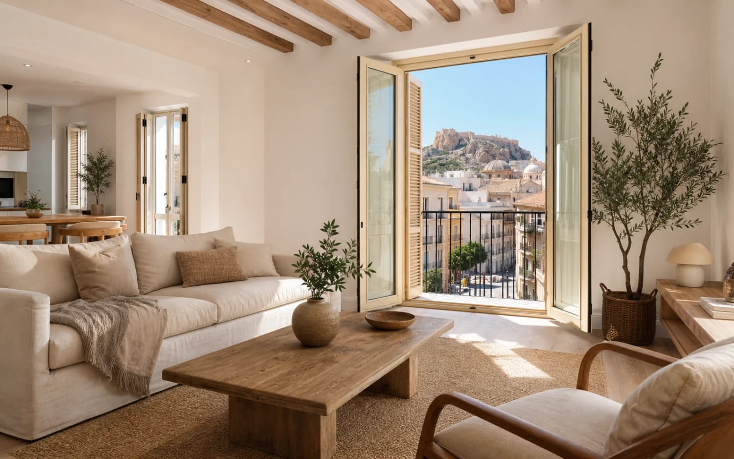 Salón mediterráneo preparado para una visita de venta en Alicante